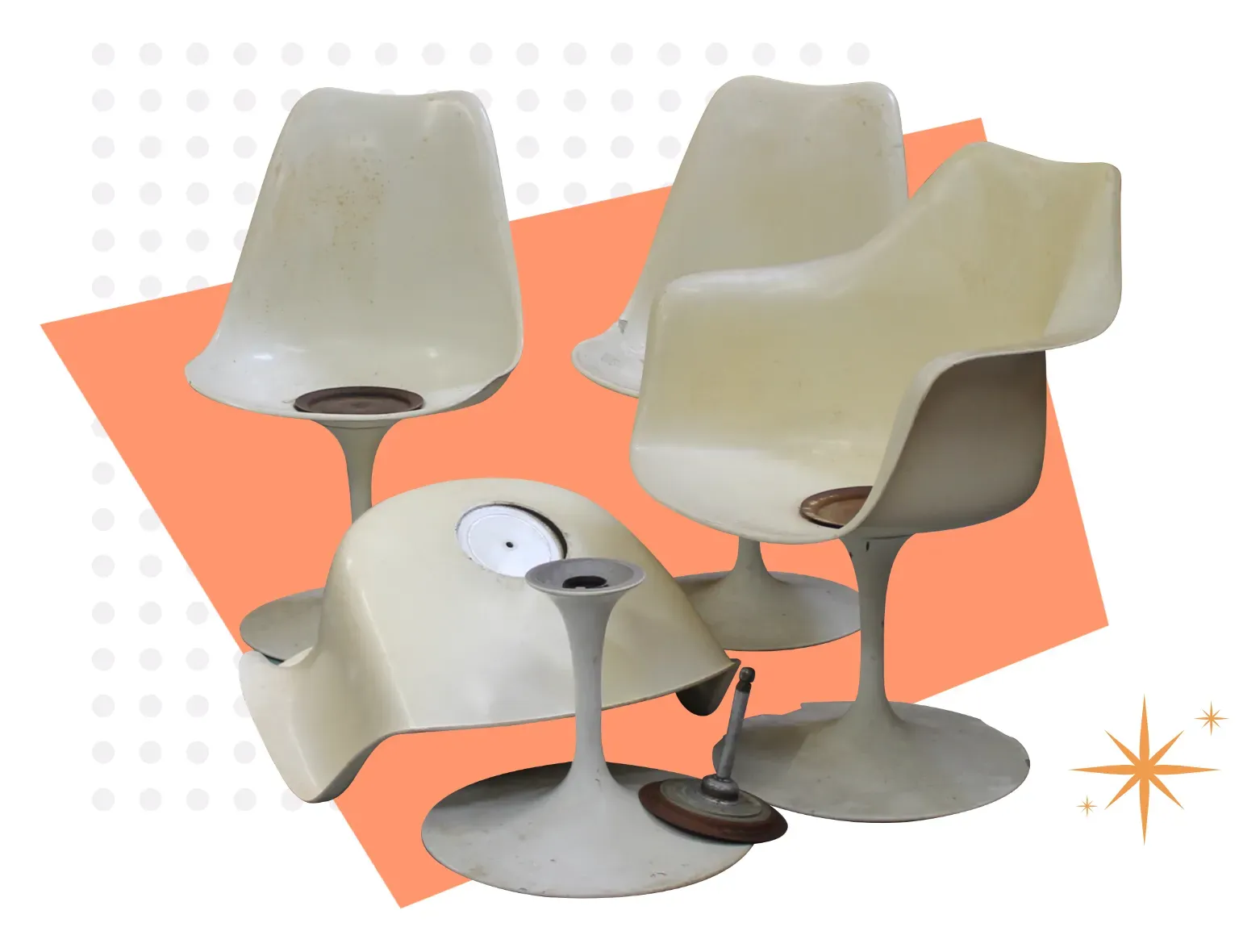 Several white Eero Saarinen Tulip arm and side chairs ready to be restored