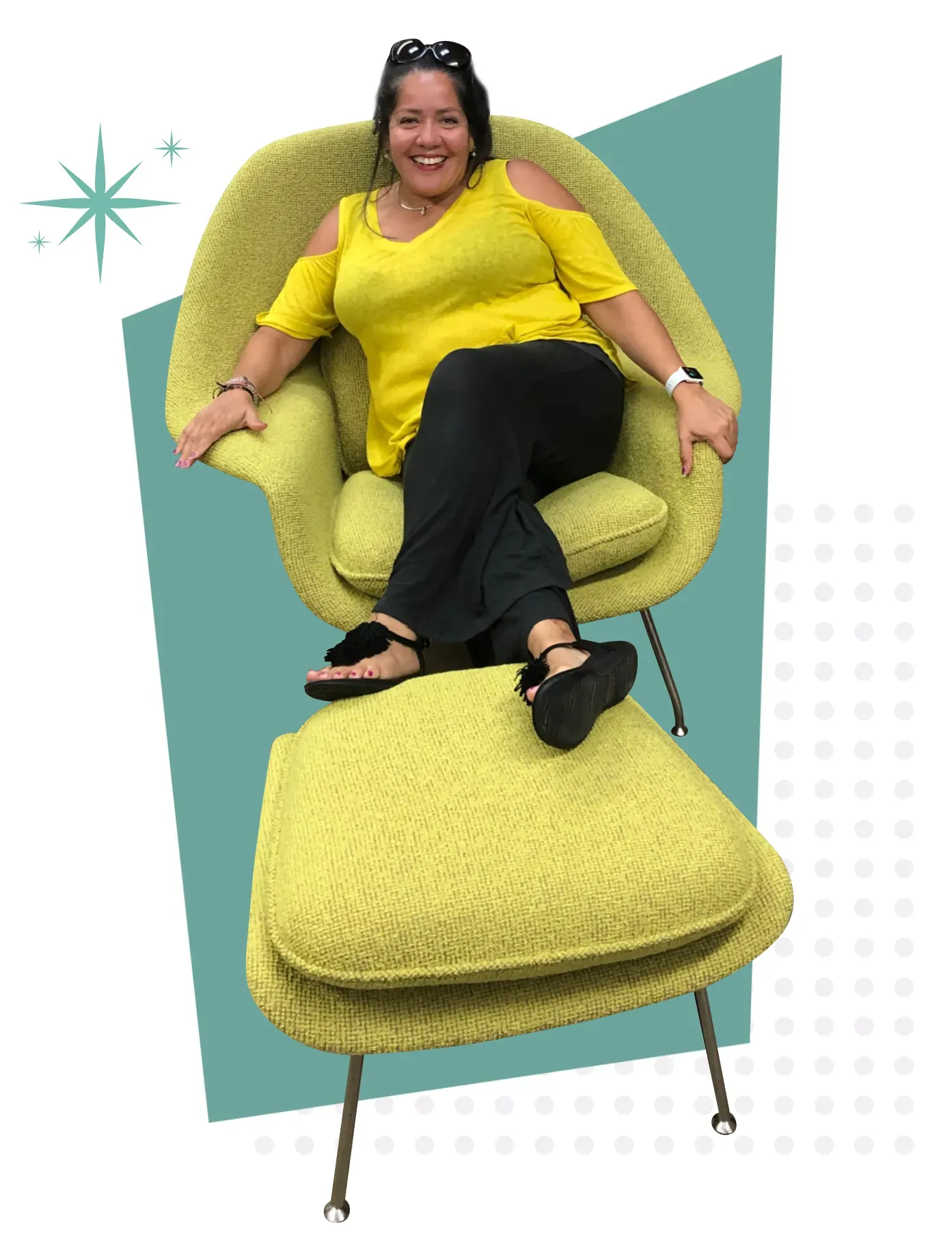 Happy woman seated on newly restored chartreuse Saarinen Womb Lounge with matching ottoman